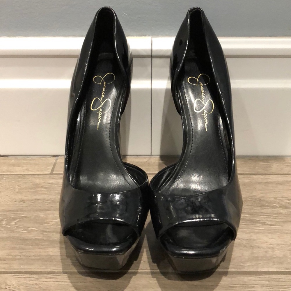 Black patent platform peep toe Jessica Simpson’s
